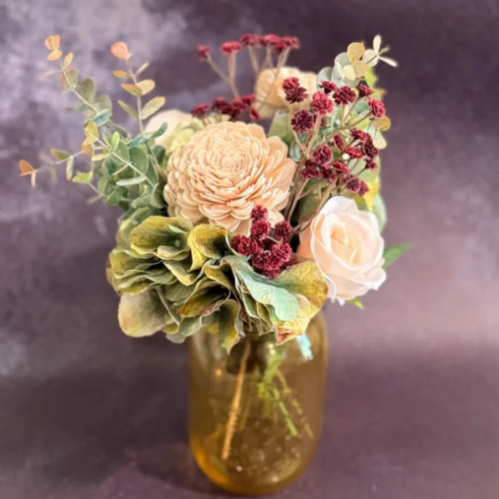 Farmhouse Wood Floral Arrangement in Mason Jar w/ LED Lights – Home Décor